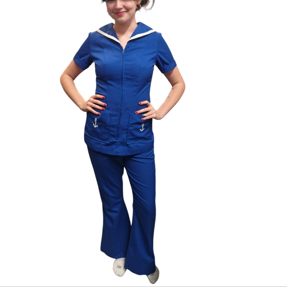 Vintage Pants - 1970 Sailor 2 Piece Blue Pantsuit Sailor Collar Short Sleeve Bell Botom Pants